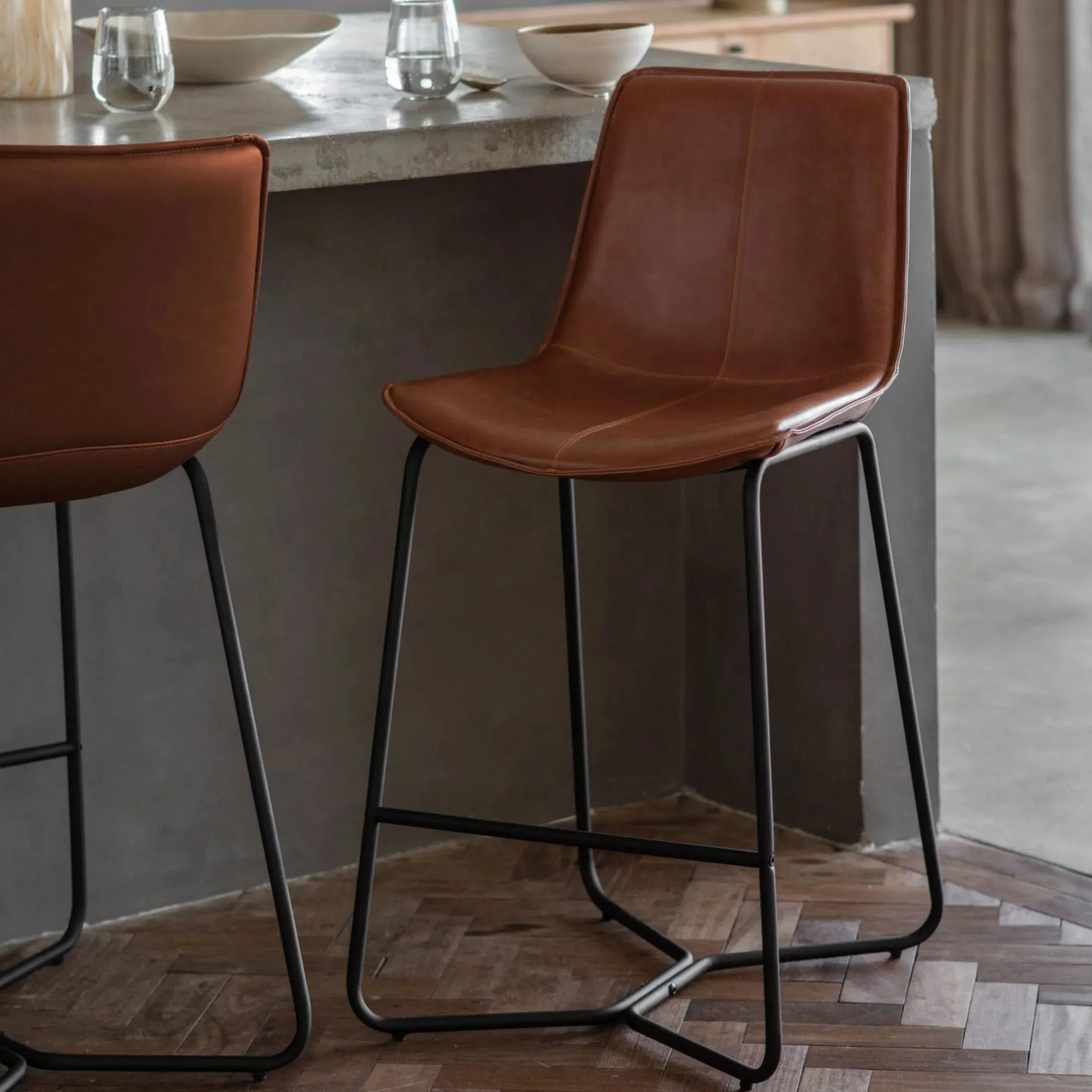 Set of Two Brown Faux Leather Bar Stools - The Farthing