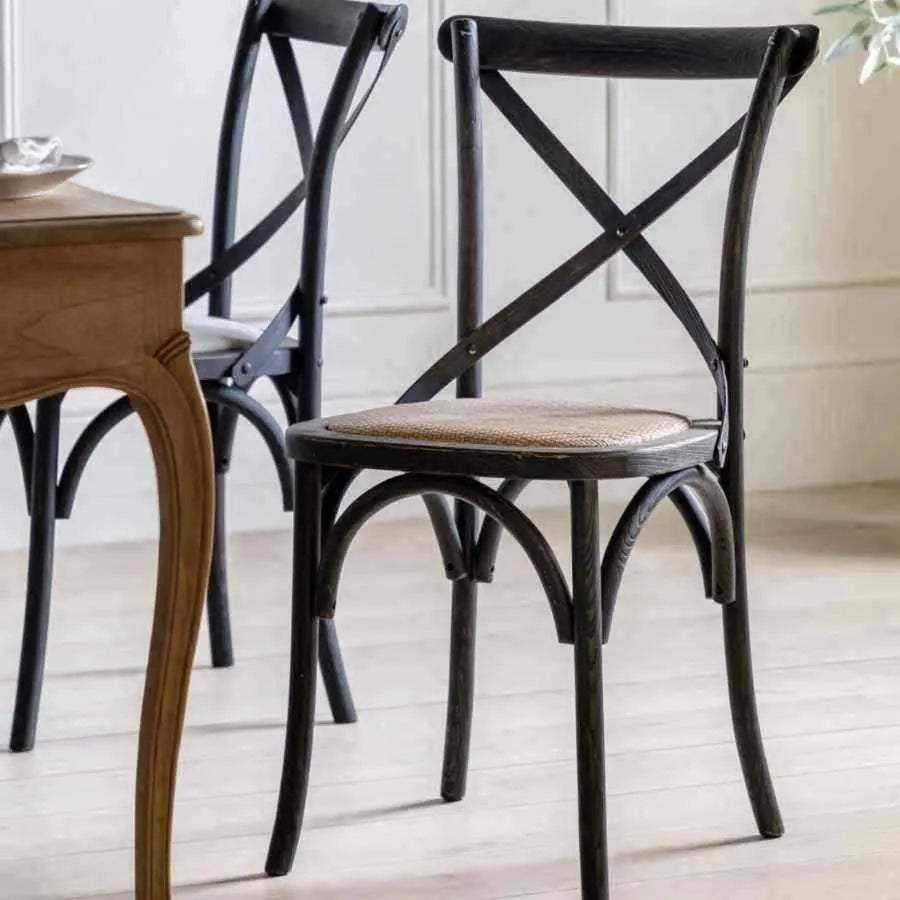 Set of Two Cross Back Black Dining Chairs- Rattan Tops - The Farthing