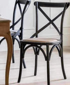 Set of Two Cross Back Black Dining Chairs- Rattan Tops - The Farthing