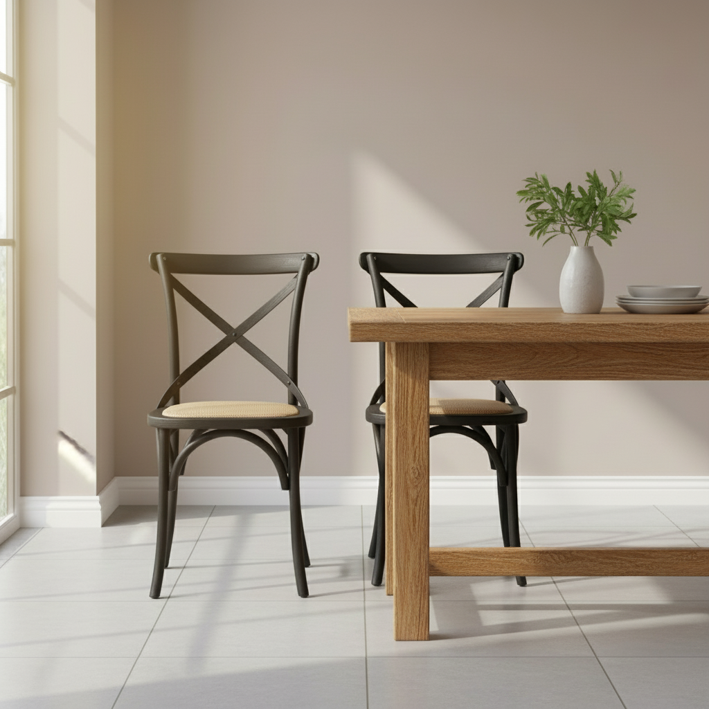 Dining table with two chairs in a room with a neutral wall and tiled floor.