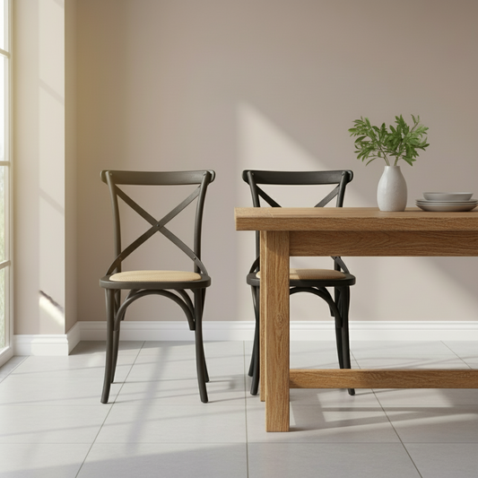 Dining table with two chairs in a room with a neutral wall and tiled floor.