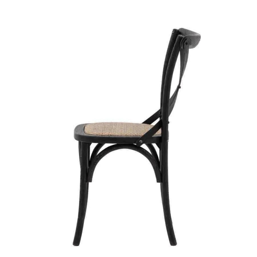 Set of Two Cross Back Black Dining Chairs- Rattan Tops - The Farthing
