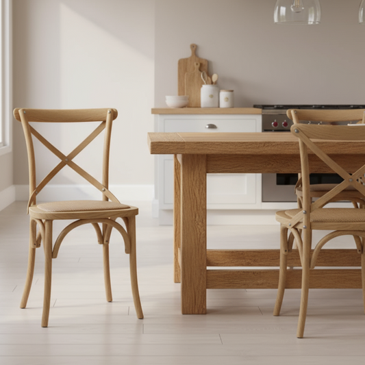 Wooden dining table with chairs in a kitchen setting