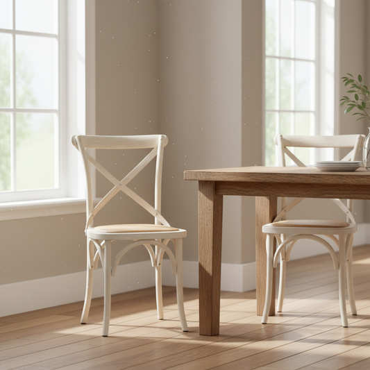 Wooden dining table with two chairs in a bright room with large windows.