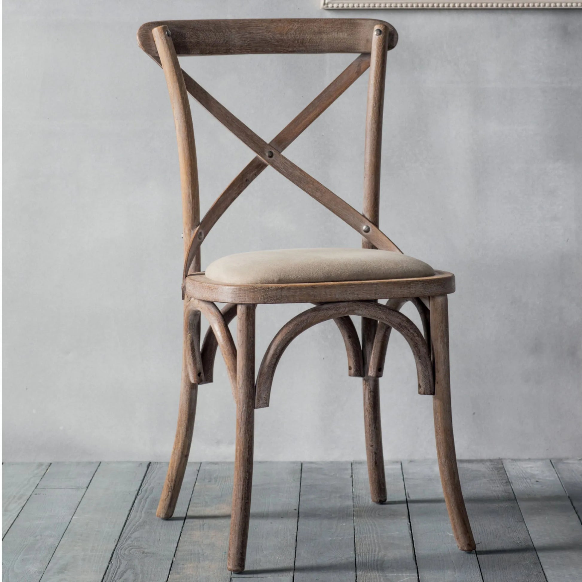 Set of Two Distressed Natural Wood Cross Back Dining Chairs - The Farthing