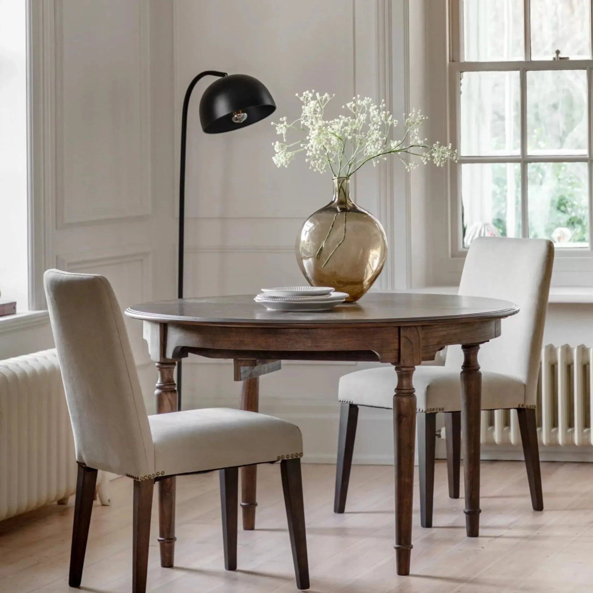 Set of Two Grey Linen Padded Dining Chairs - The Farthing