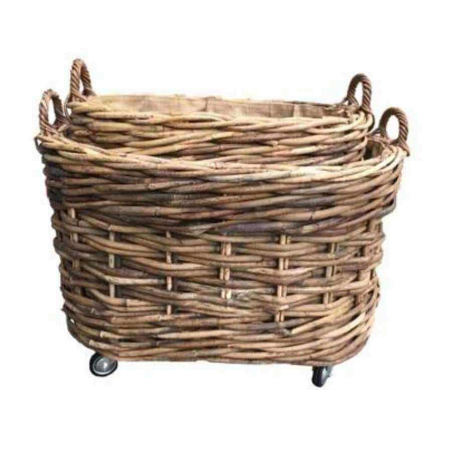Set of Two Hessian Lined Oval Wheeled Rattan Baskets - The Farthing