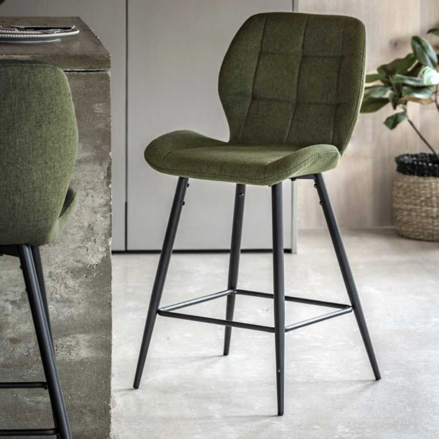 Set of Two Mid Century Inspired Green Fabric Backed Stools - The Farthing
