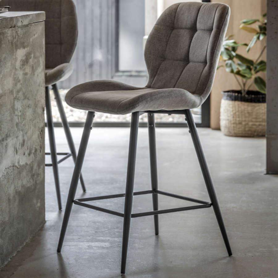 Set of Two Mid Century Inspired Grey Fabric Backed Stools - The Farthing