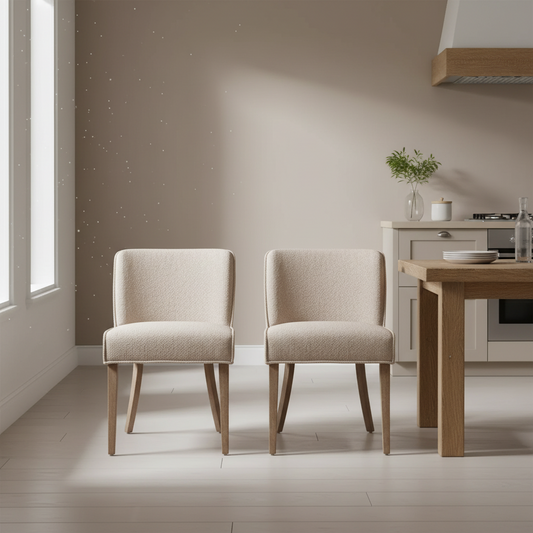 Two beige chairs in a modern kitchen setting with a wooden table and neutral walls.