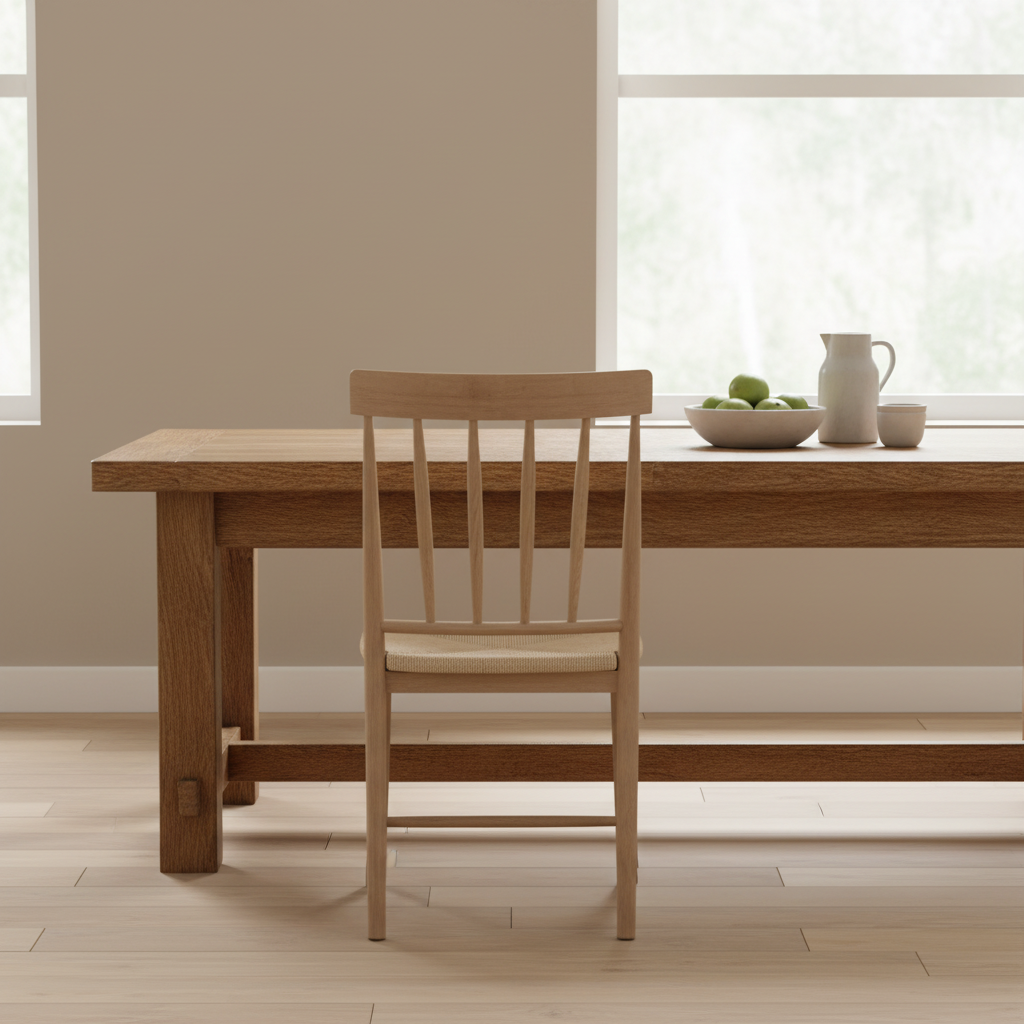 Wooden dining table with chair in a room with large windows.