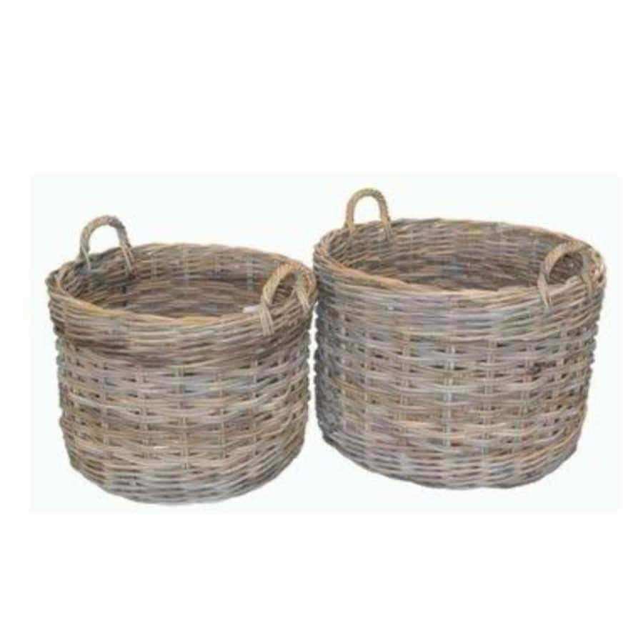 Set of Two Rustic Round Rattan Baskets with Handles - The Farthing