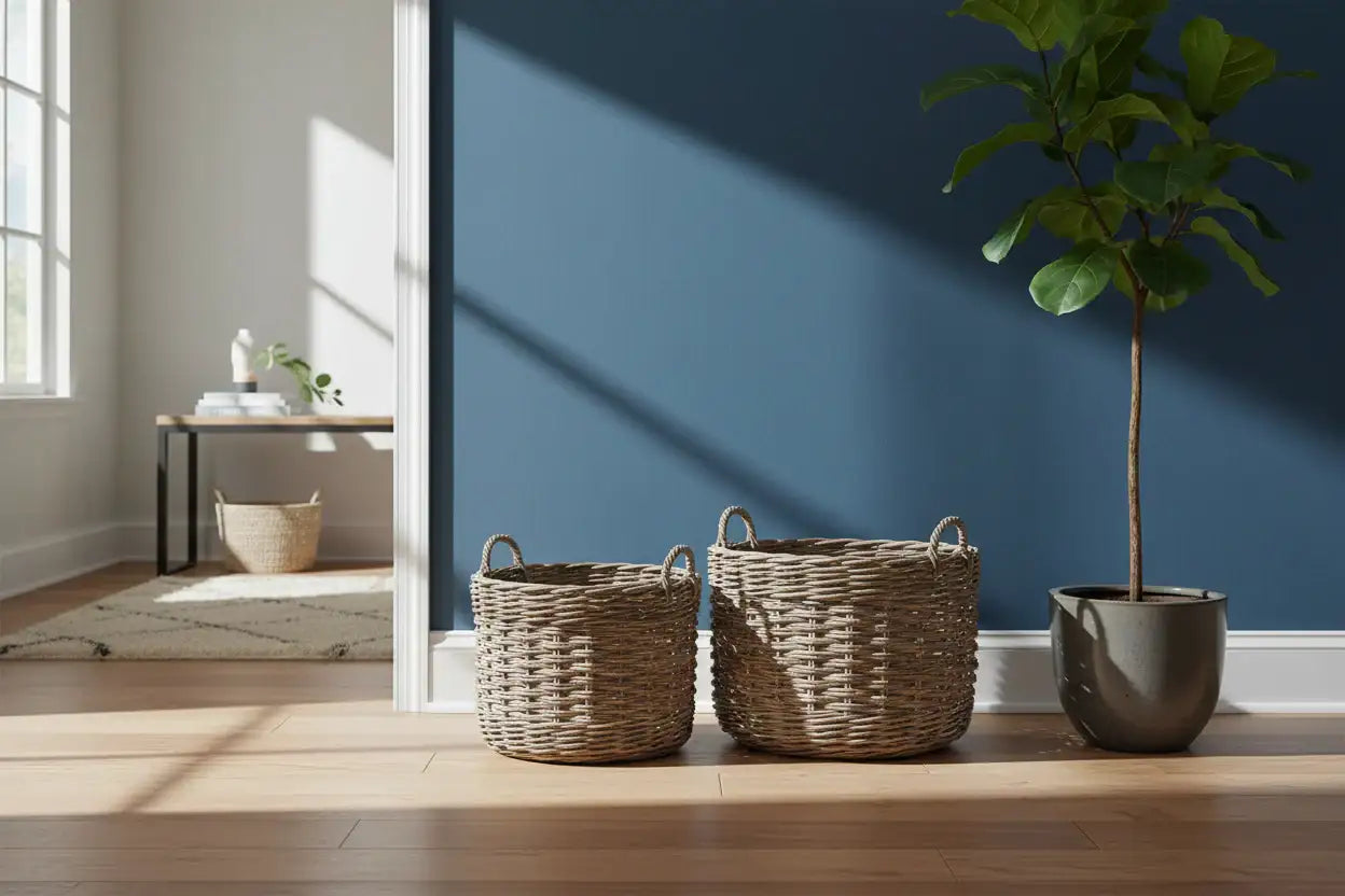 Two woven baskets and a potted plant on a wooden floor against a blue wall.