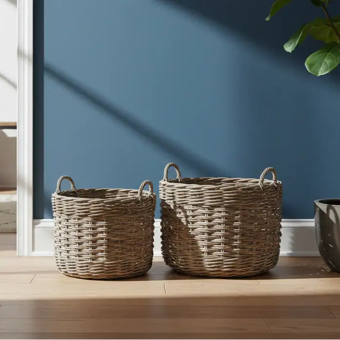 Two wicker baskets on a wooden floor against a blue wall.