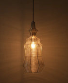 Decorative pendant light with a warm glow against a brown background