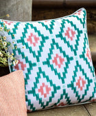 Showerproof Coral & Green Geometric Cushion - The Farthing