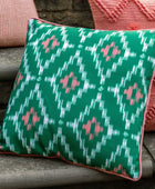Showerproof Green & Coral Geometric Cushion - The Farthing