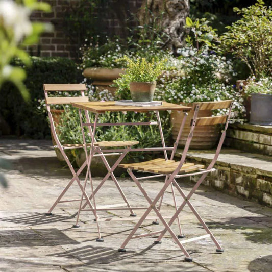 Slatted Wood & Coral Pink Metal 2 Seater Bistro Set - The Farthing