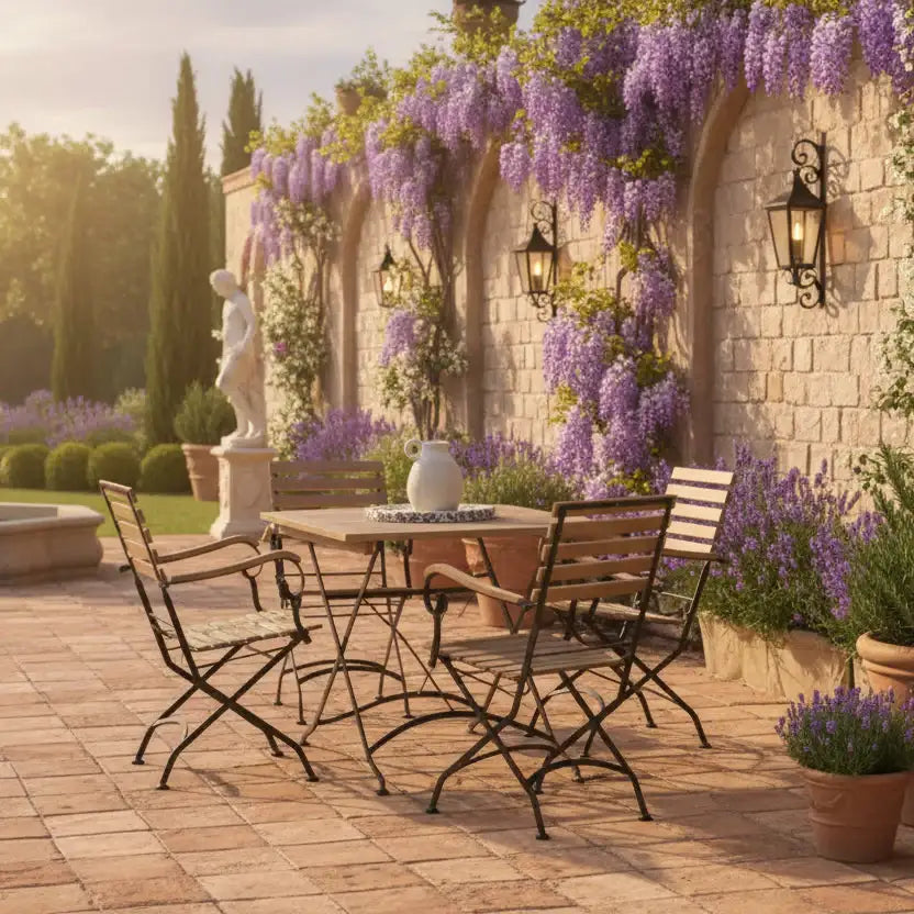 Outdoor patio set with table and chairs surrounded by lavender plants and a stone wall.