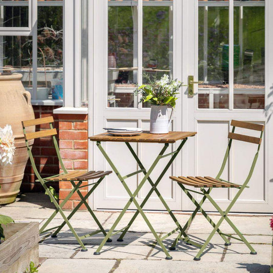 Slatted Wood & Pale Green Metal 2 Seater Bistro Set - The Farthing