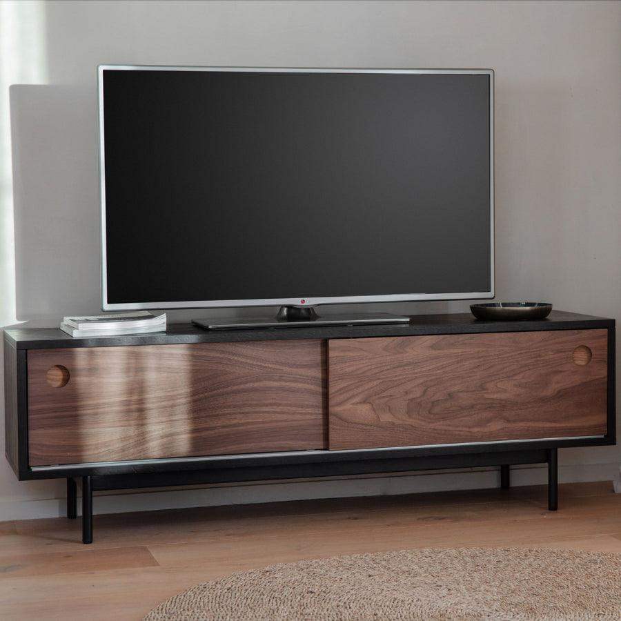 Sliding Door Dark Wood Mid Century Inspired Media Unit - The Farthing