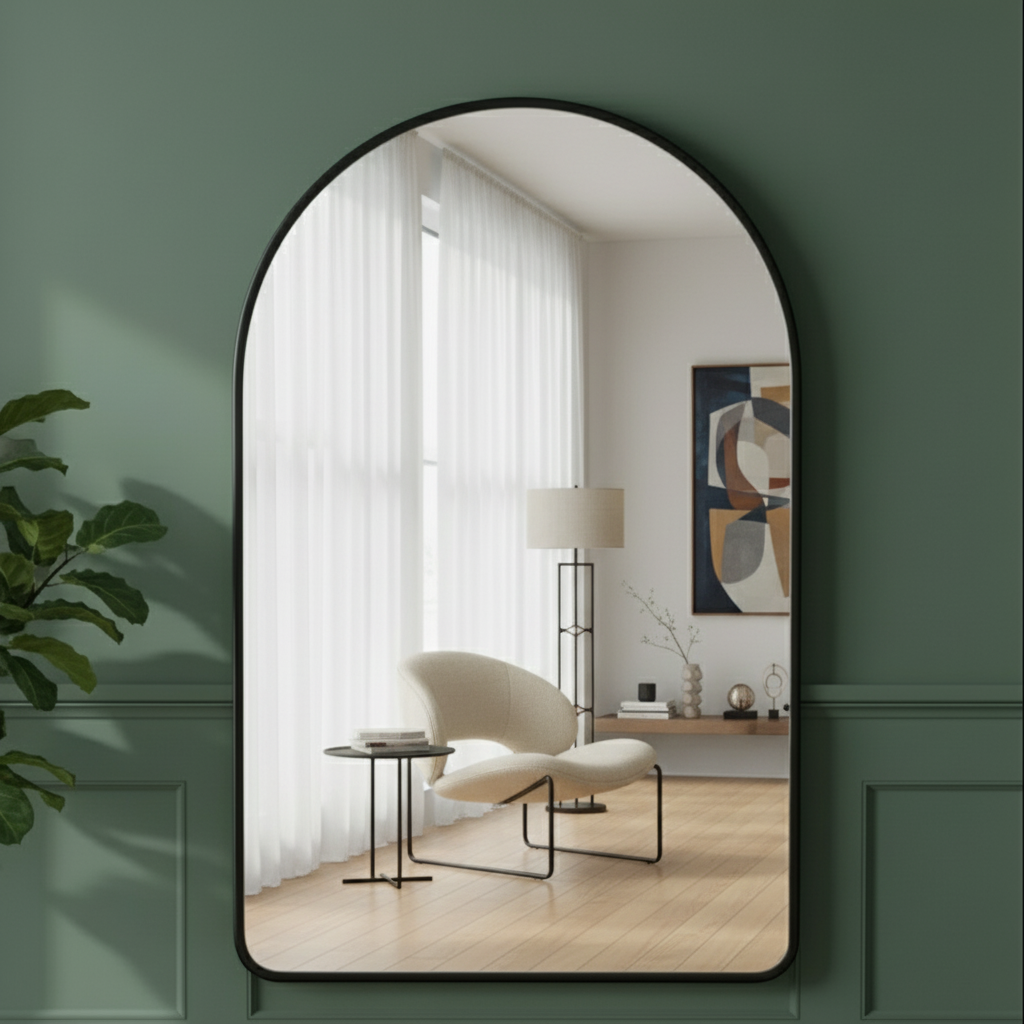 Slim Black Frame Curved Top Wall Mirror