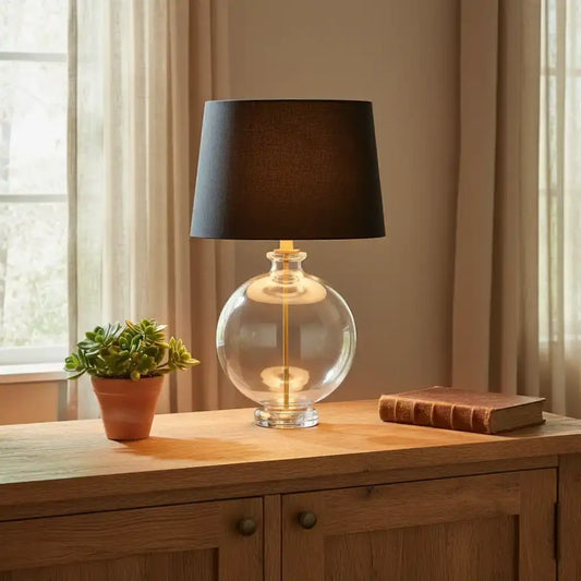 Slim Round Glass & Brass Table Lamp & Shade