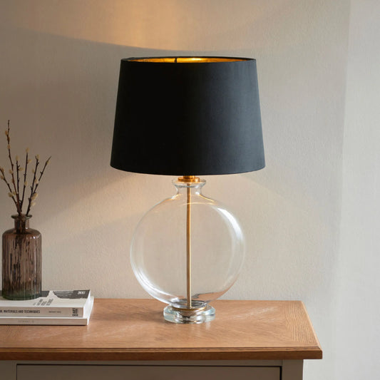 Slim Round Glass & Brass Table Lamp & Shade - The Farthing