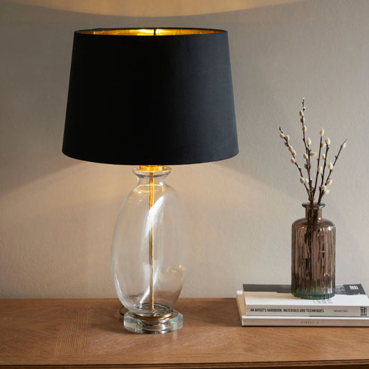 Slim Round Glass & Brass Table Lamp & Shade - The Farthing