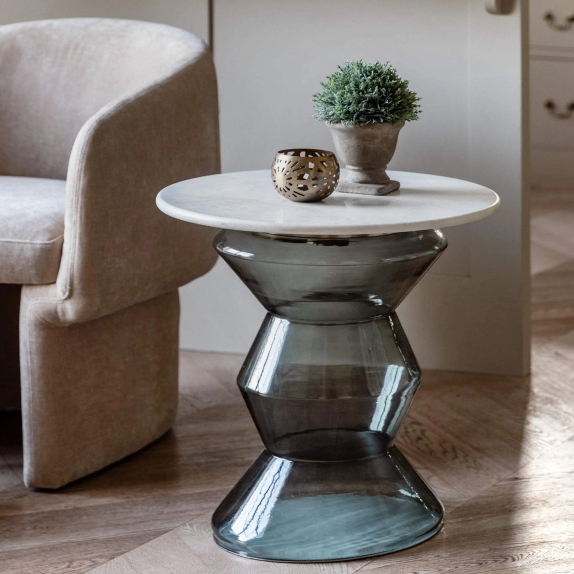 Smoked Glass & Marble Topped Side Table - The Farthing