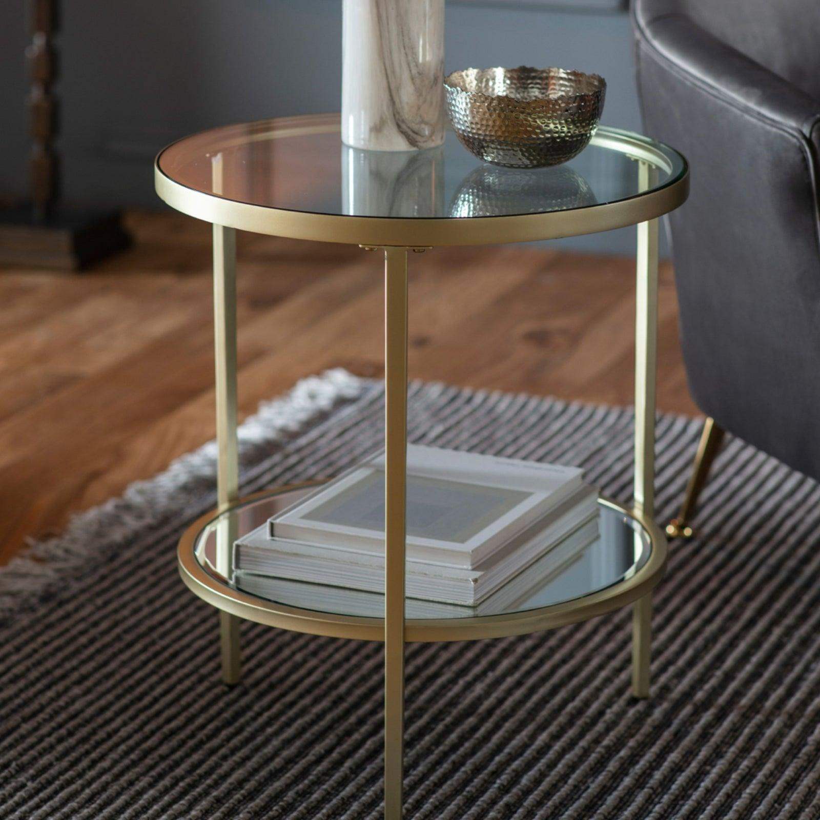 Soft Gold Glass and Mirror Display Side Table - The Farthing