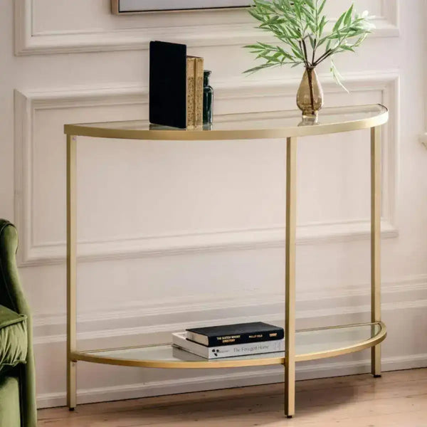 Soft Gold Metal and Glass Semi Circle Console Table