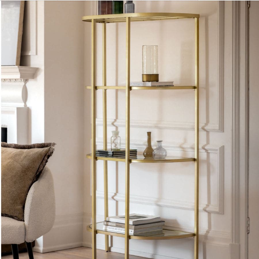 Soft Gold Oval Metal and Glass Semi Circle Shelf Unit - The Farthing