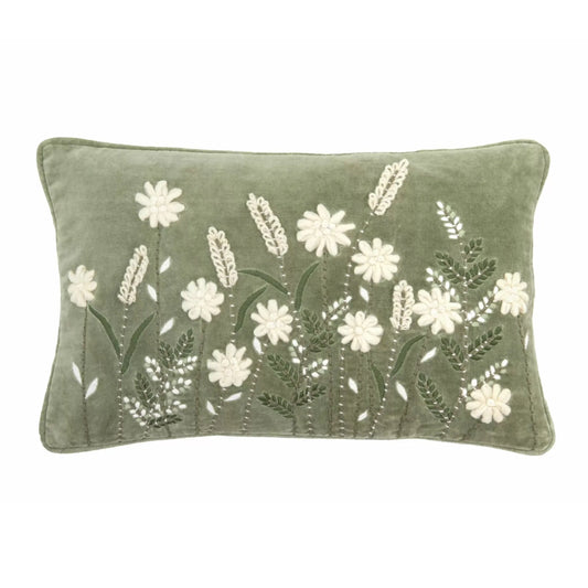 Soft Sage Embroidered Floral Cushion - The Farthing