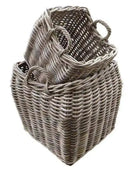 Two woven baskets with handles on a white background