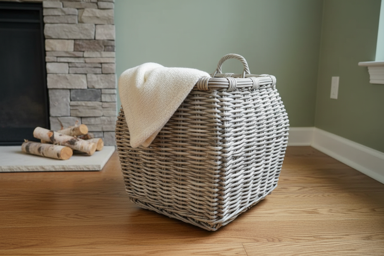 Wicker laundry basket with a towel on a wooden floor in a room with a stone fireplace.