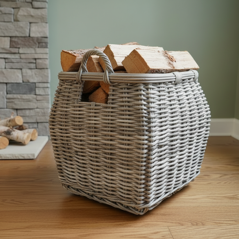 Wicker basket with firewood on a wooden floor against a stone wall.
