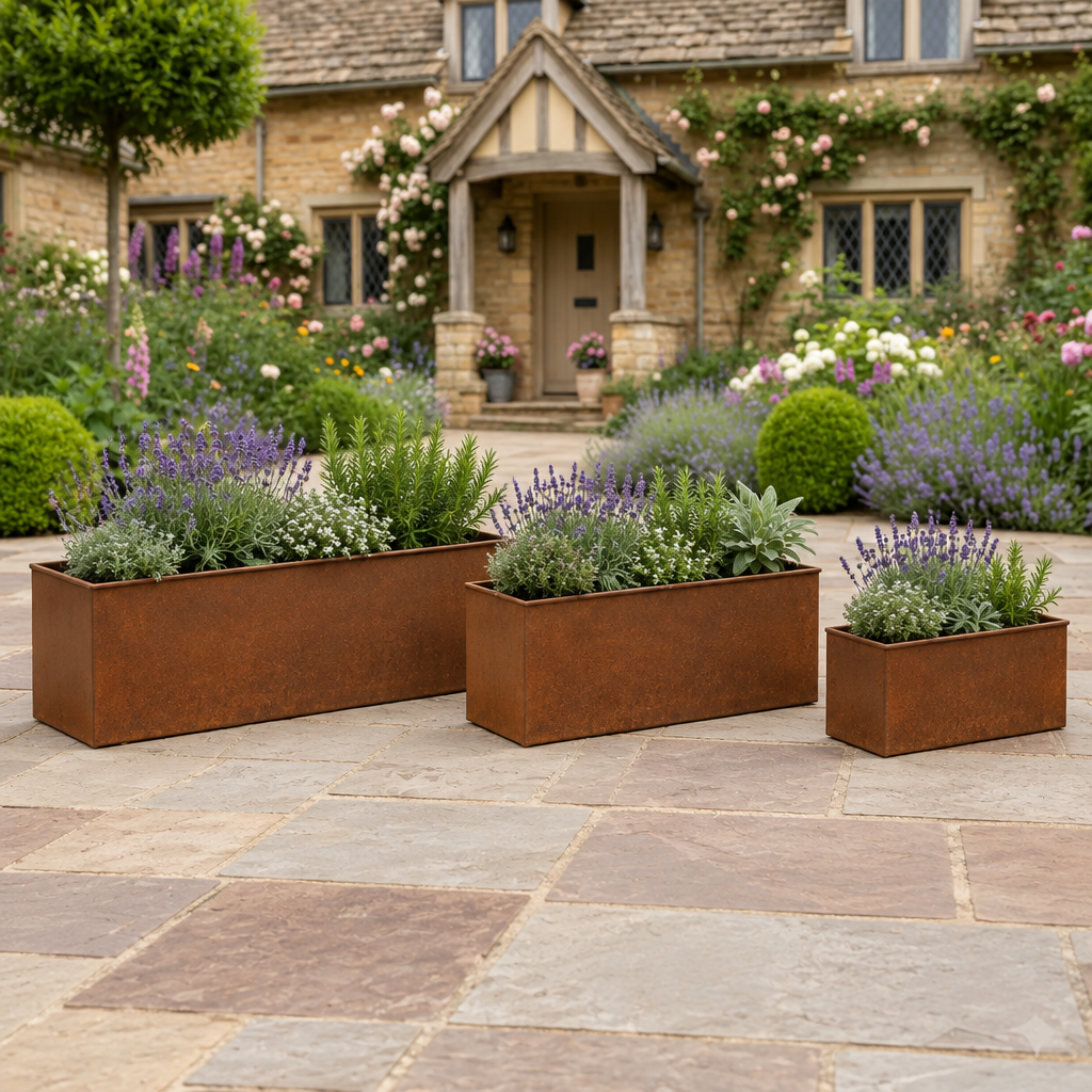 Square garden view of three planters