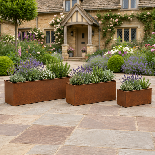 Square garden view of three planters