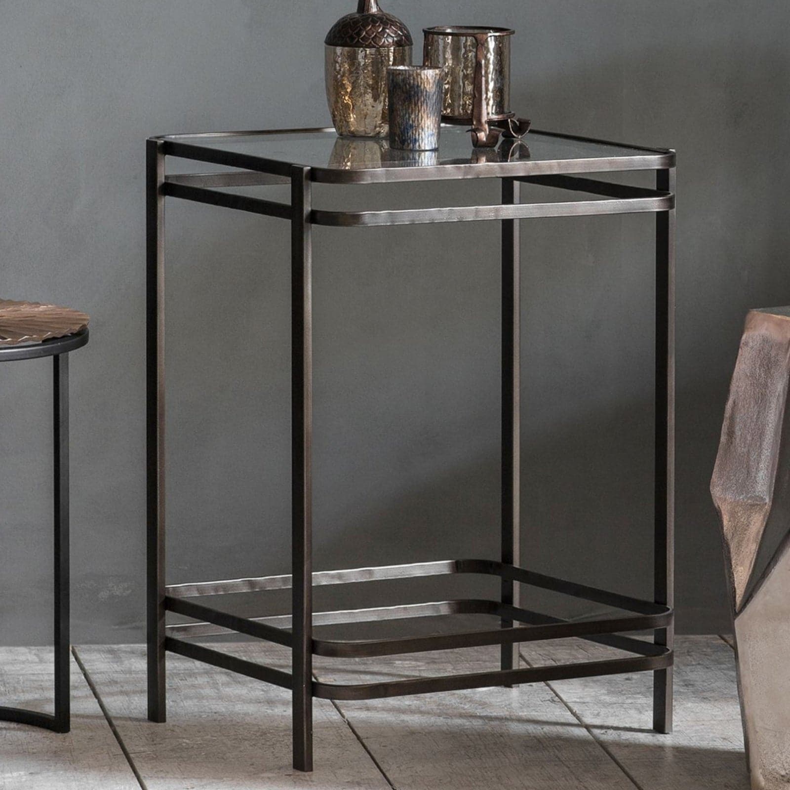 Square Glass Topped Industrial Side Table - The Farthing