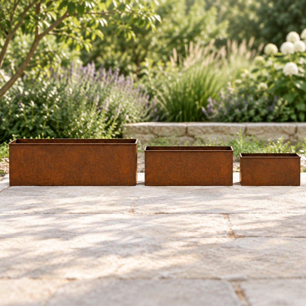 Square side-profile view of three planters
