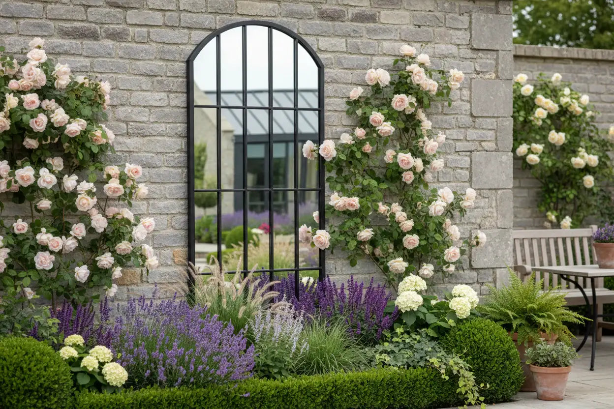 Garden scene with flowers, a mirror, and a stone wall.