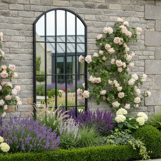 Tall Black Arched Outdoor Garden Window Wall Mirror