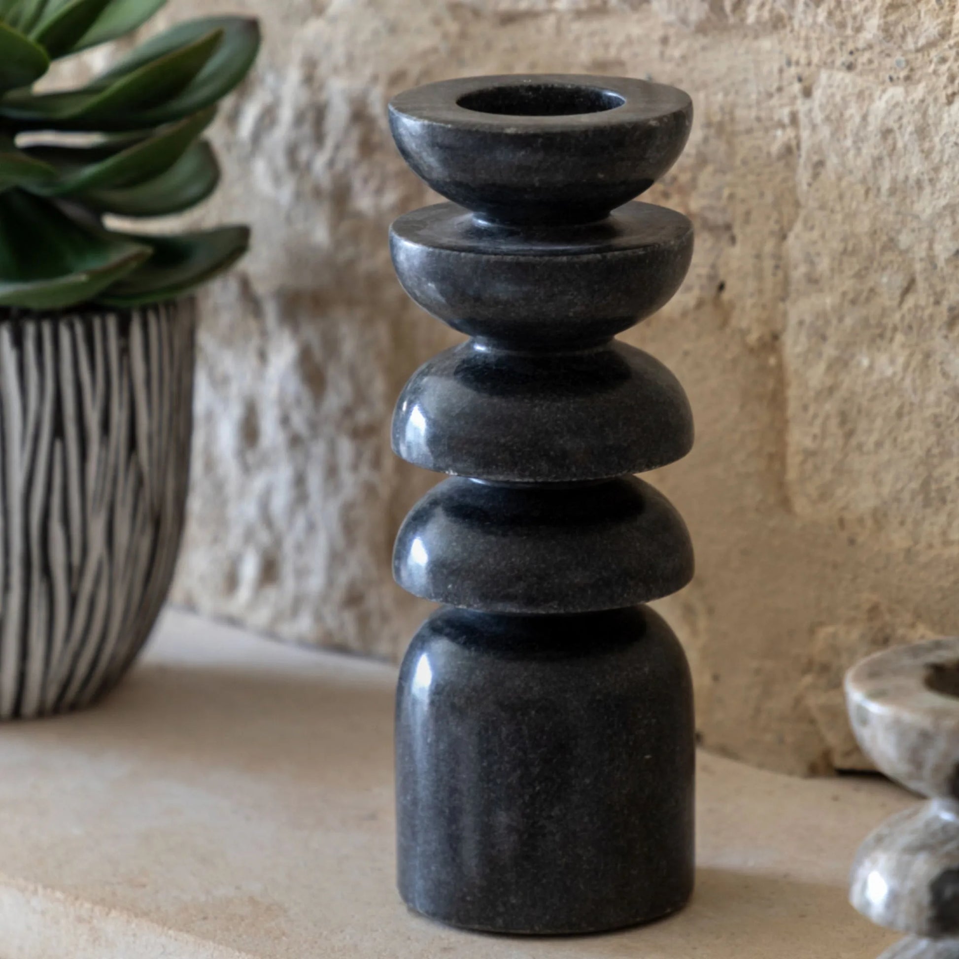 Tall Dark Marble Tea Light Holder - The Farthing