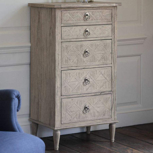 Tall Wooden Parquet Styled Chest Of Drawers - The Farthing