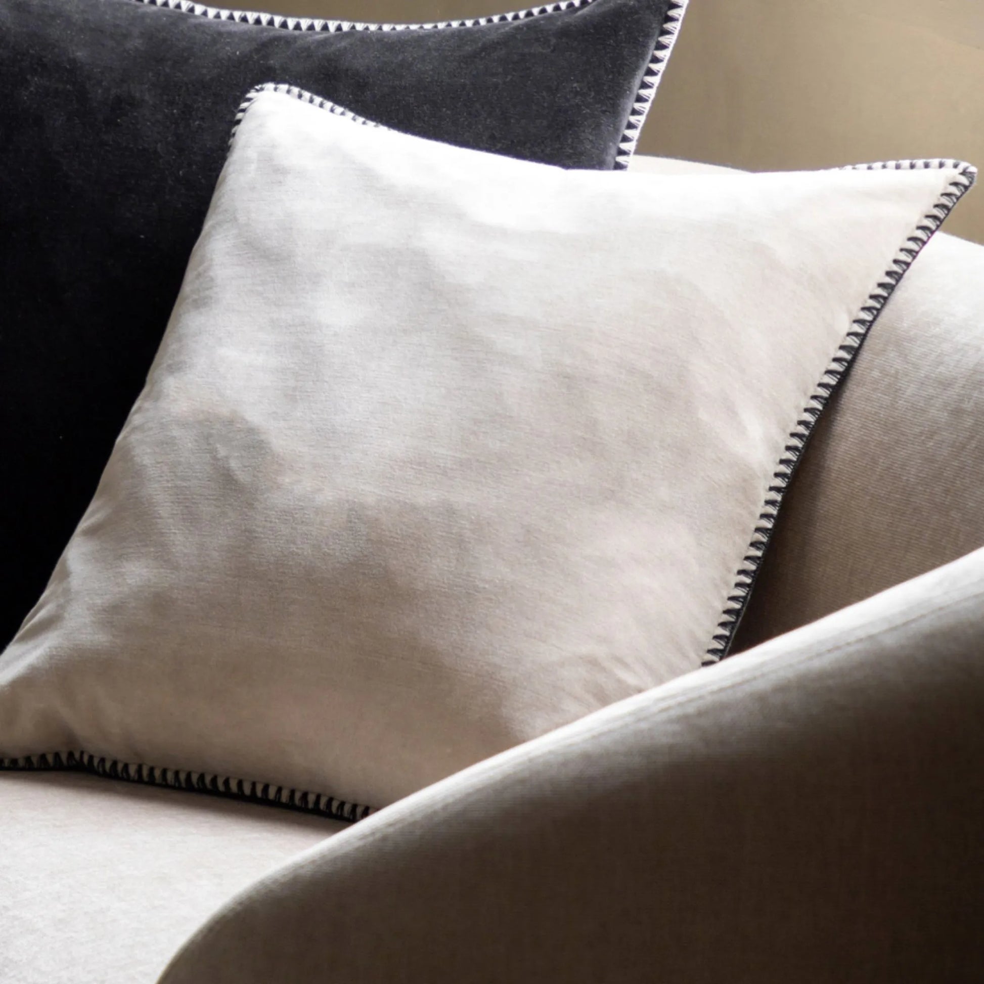 Taupe Velvet Cushion with Black Edge - The Farthing