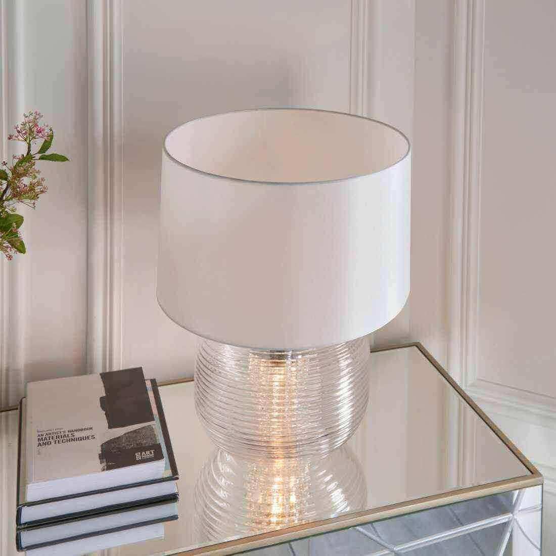 Twin Lit Ribbed Glass Table Lamp & Shade - The Farthing