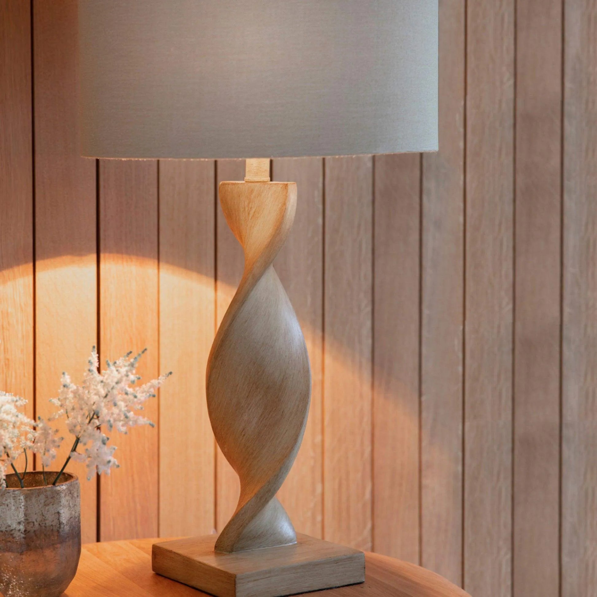 Twisted Wood Effect Table Lamp & Shade - The Farthing