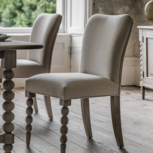 Two Beaded Edge Oak Dining Chairs with Padded Fabric Top - The Farthing