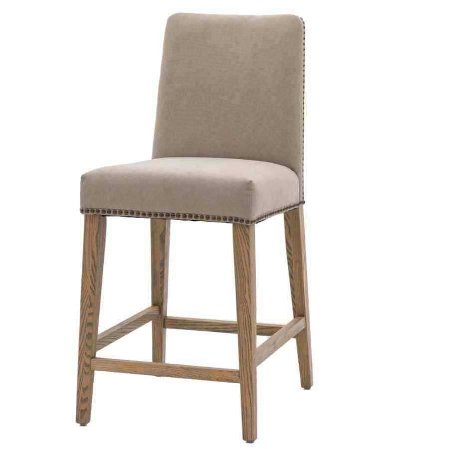 Two Cement Grey Linen Padded Bar Stools - The Farthing
